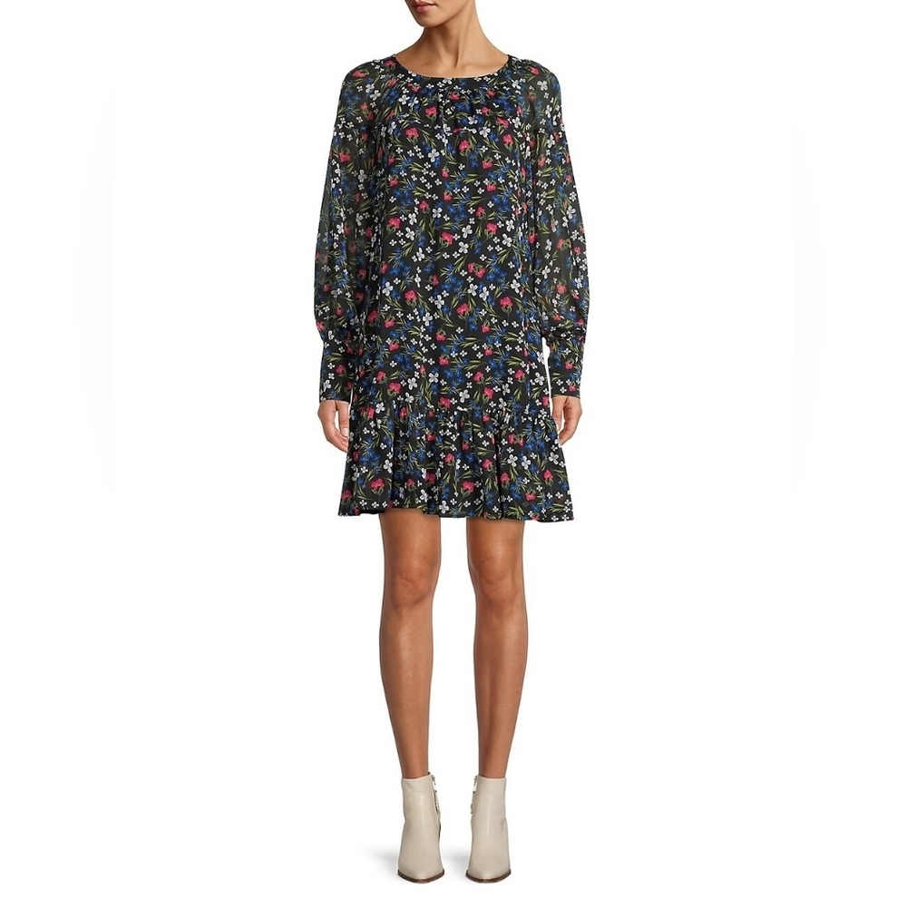 #128 Calvin Klein Floral Long Sleeve Flounce Hem Dress Size 2 NWT